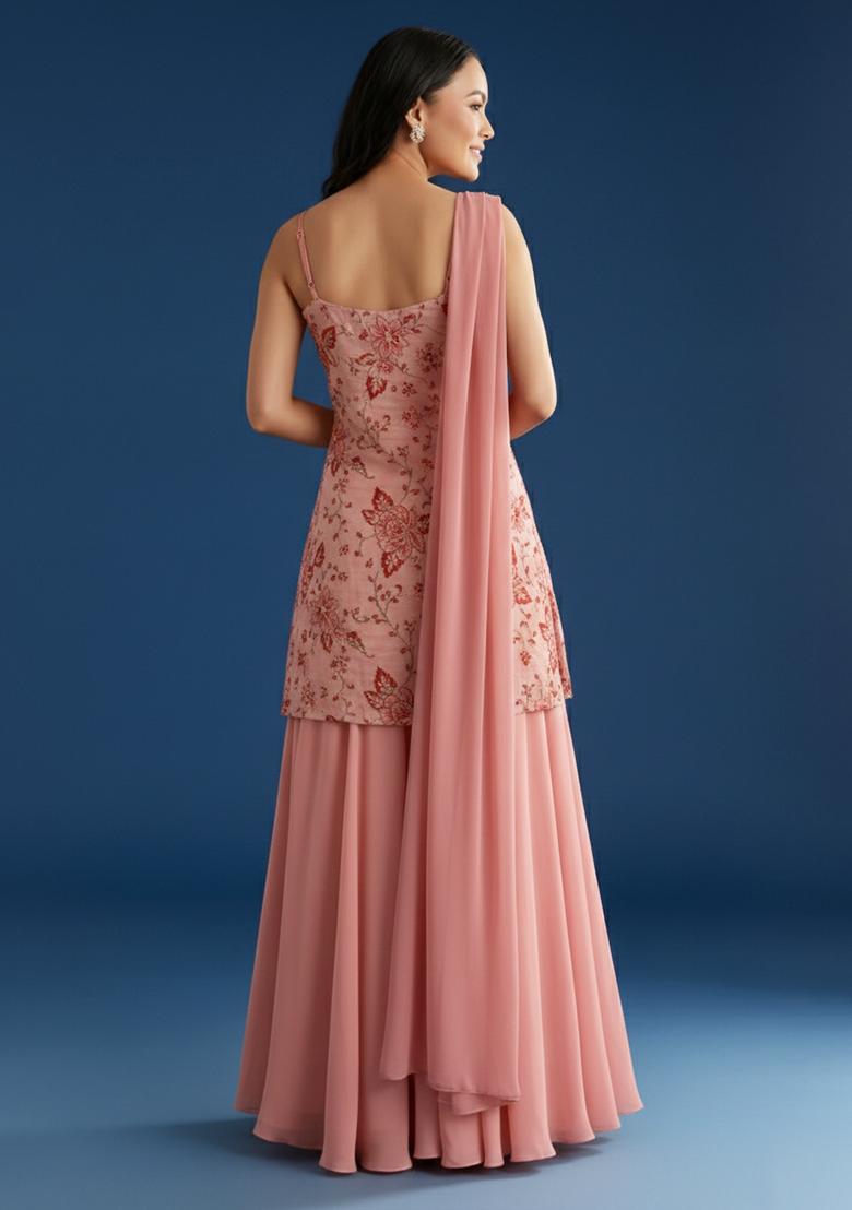 Peach Embroidered Crepe Sharara Set - Indya