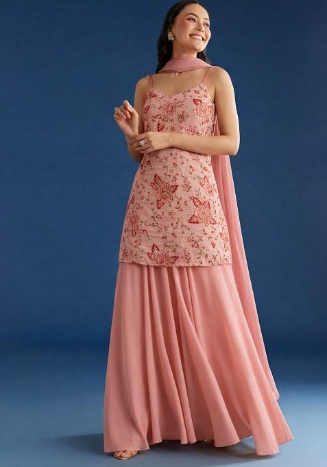 Peach Embroidered Crepe Sharara Set