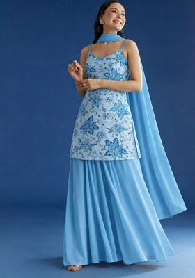 Light Blue Embroidered Crepe Sharara Set