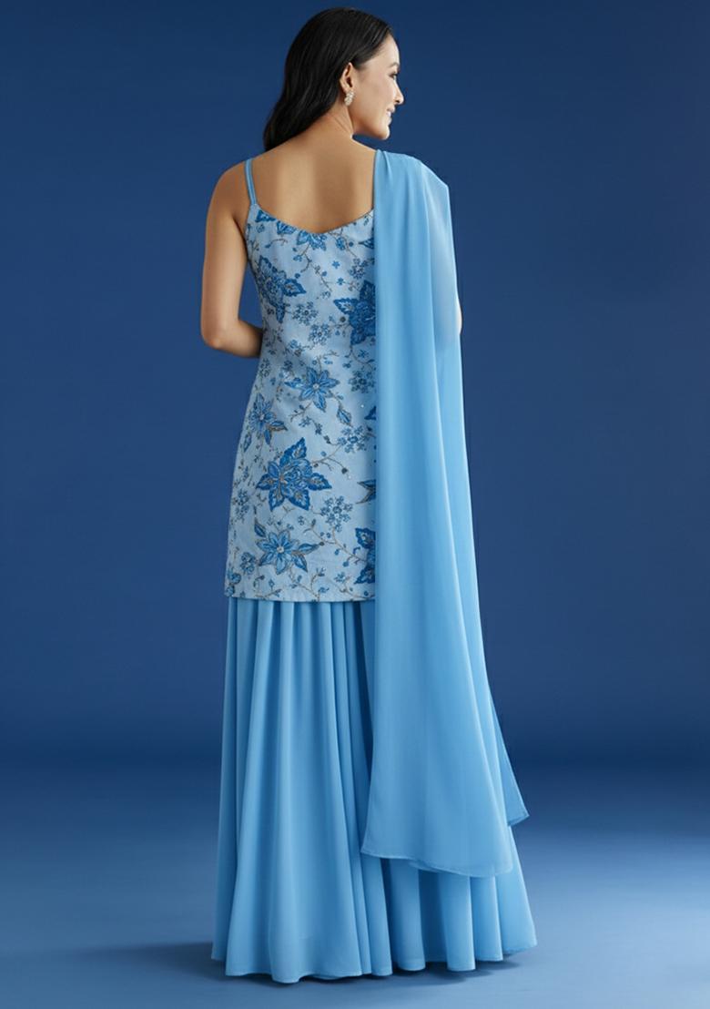 Light Blue Embroidered Crepe Sharara Set - Indya