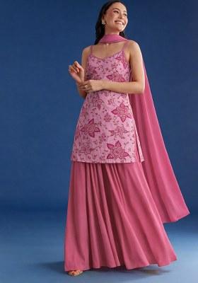 Pink Embroidered Crepe Sharara Set