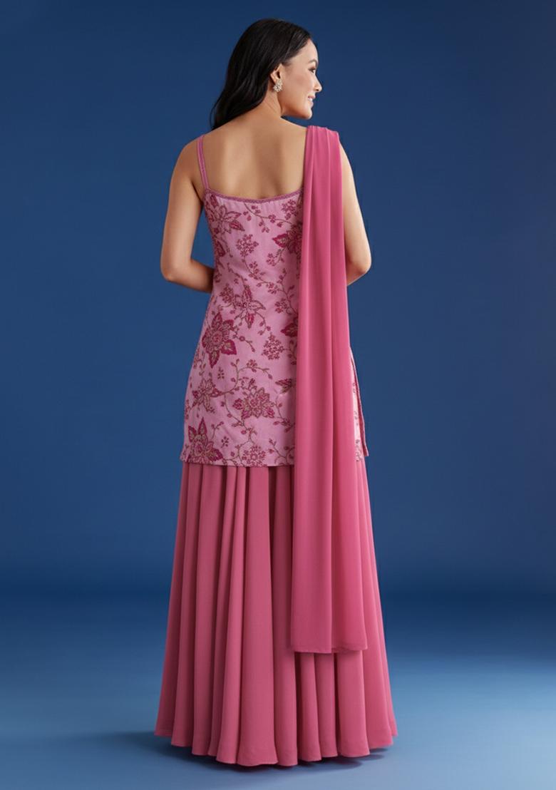 Pink Embroidered Crepe Sharara Set - Indya