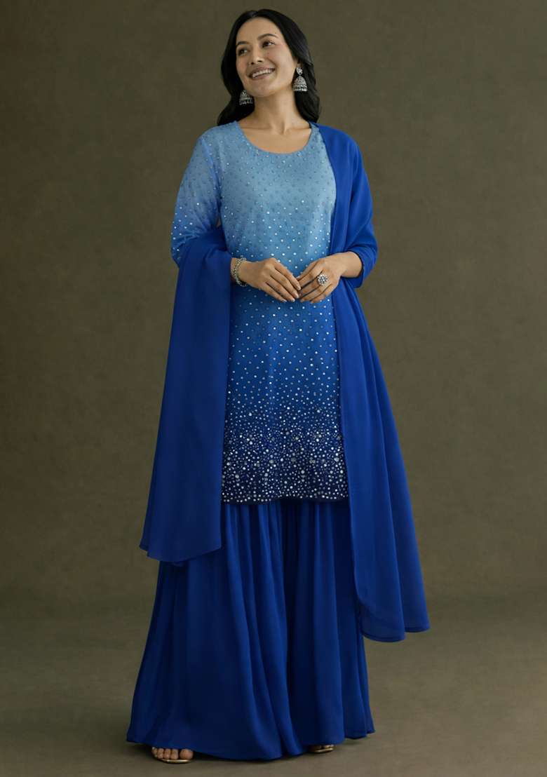 Royal Blue Sequin Tissue Sharara Set - Indya