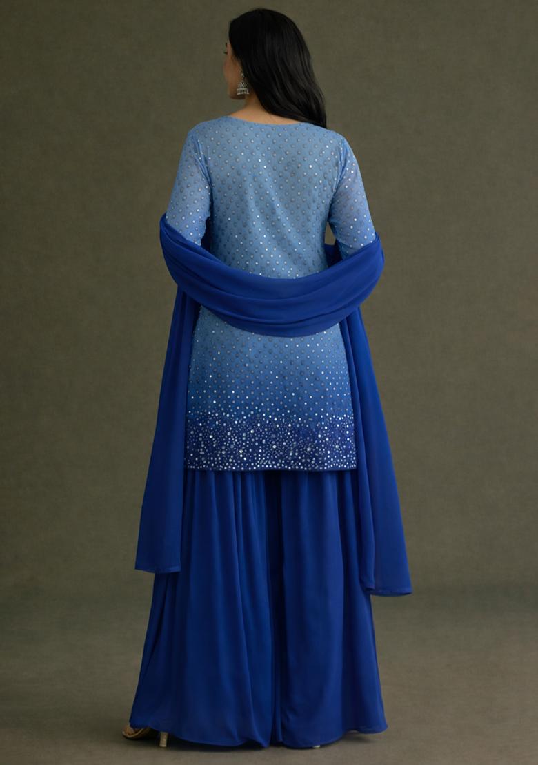 Royal Blue Sequin Tissue Sharara Set - Indya