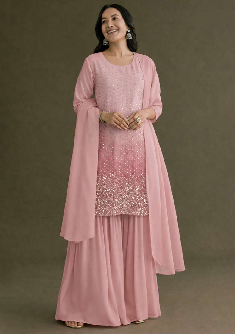 Light Pink Sequin Tissue Sharara Set - Indya