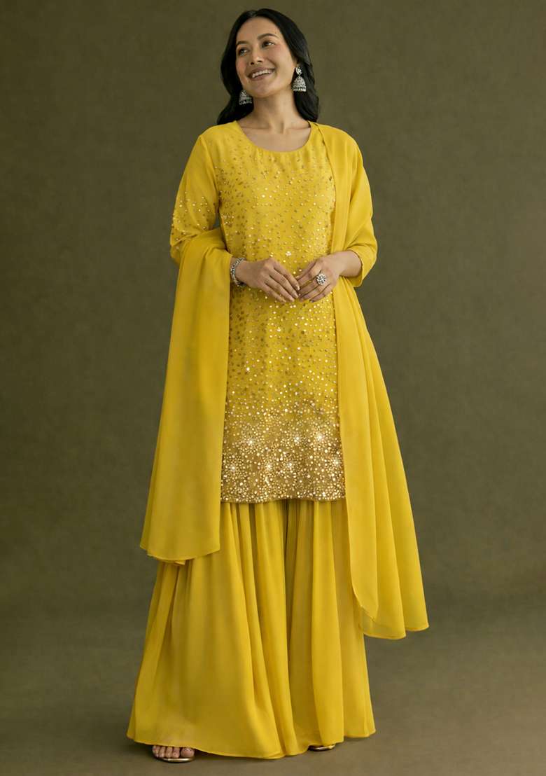 Teal Blue Sequin Tissue Sharara Set - Indya