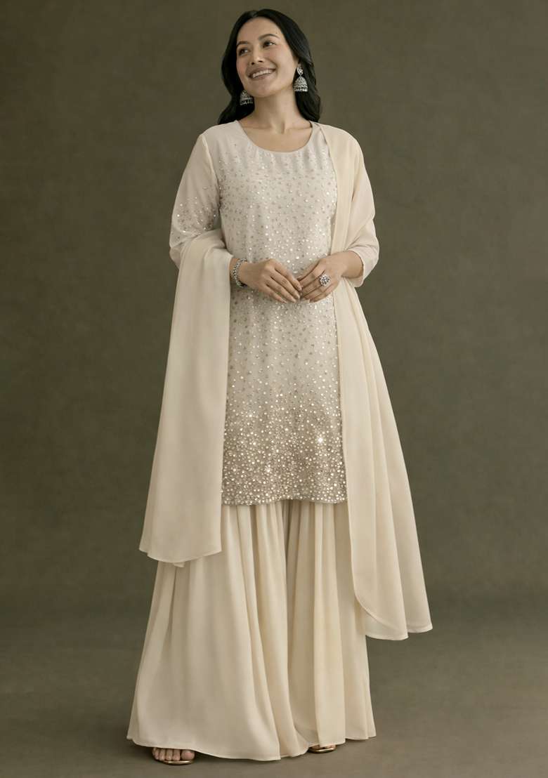 Off White Sequin Tissue Sharara Set - Indya