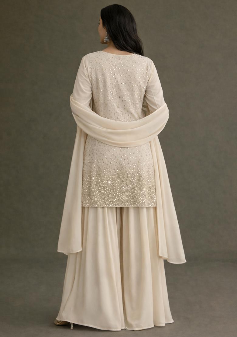 Off White Sequin Tissue Sharara Set - Indya