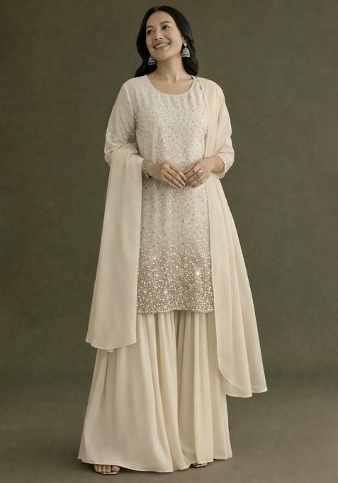 Off White Sequin Tissue Sharara Set