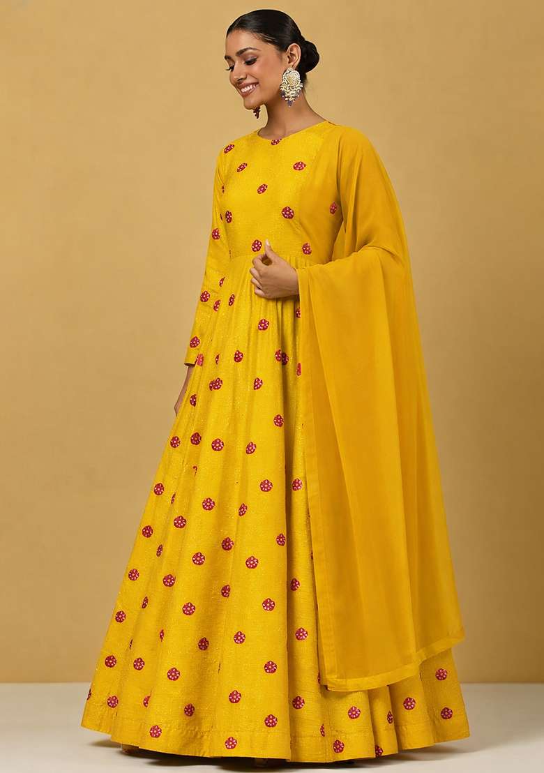 Dark Yellow Printed Satin Anarkali With Dupatta - Indya
