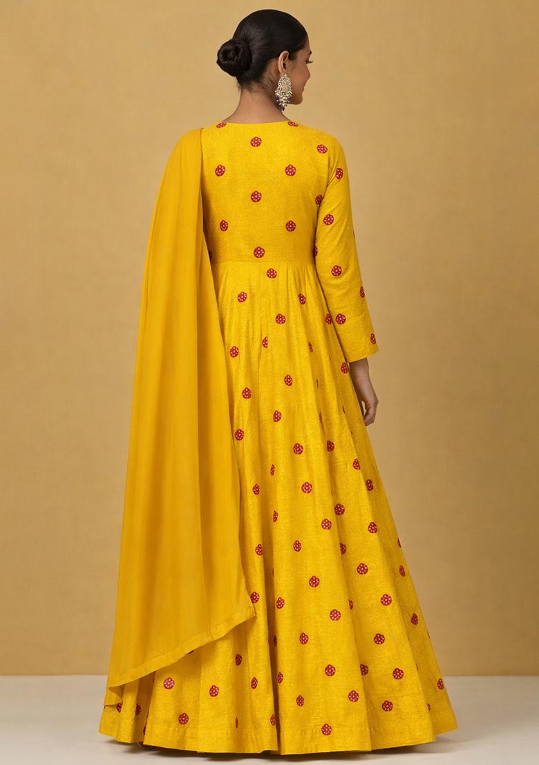 Dark Yellow Printed Satin Anarkali With Dupatta - Indya