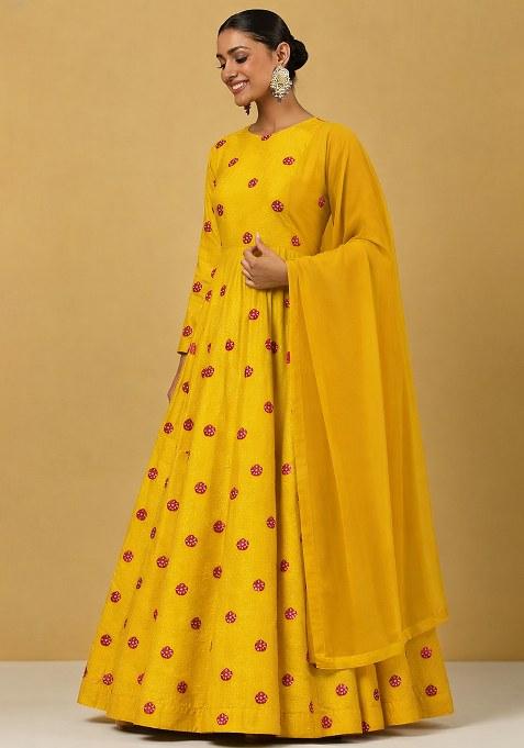 Dark Yellow Printed Satin Anarkali With Dupatta