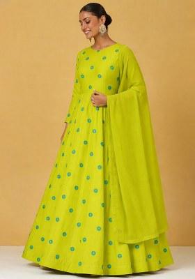Bright Green Printed Satin Anarkali With Dupatta