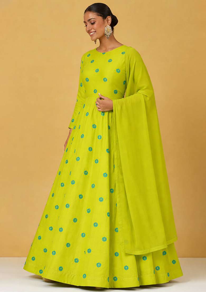 Bright Green Printed Satin Anarkali With Dupatta - Indya