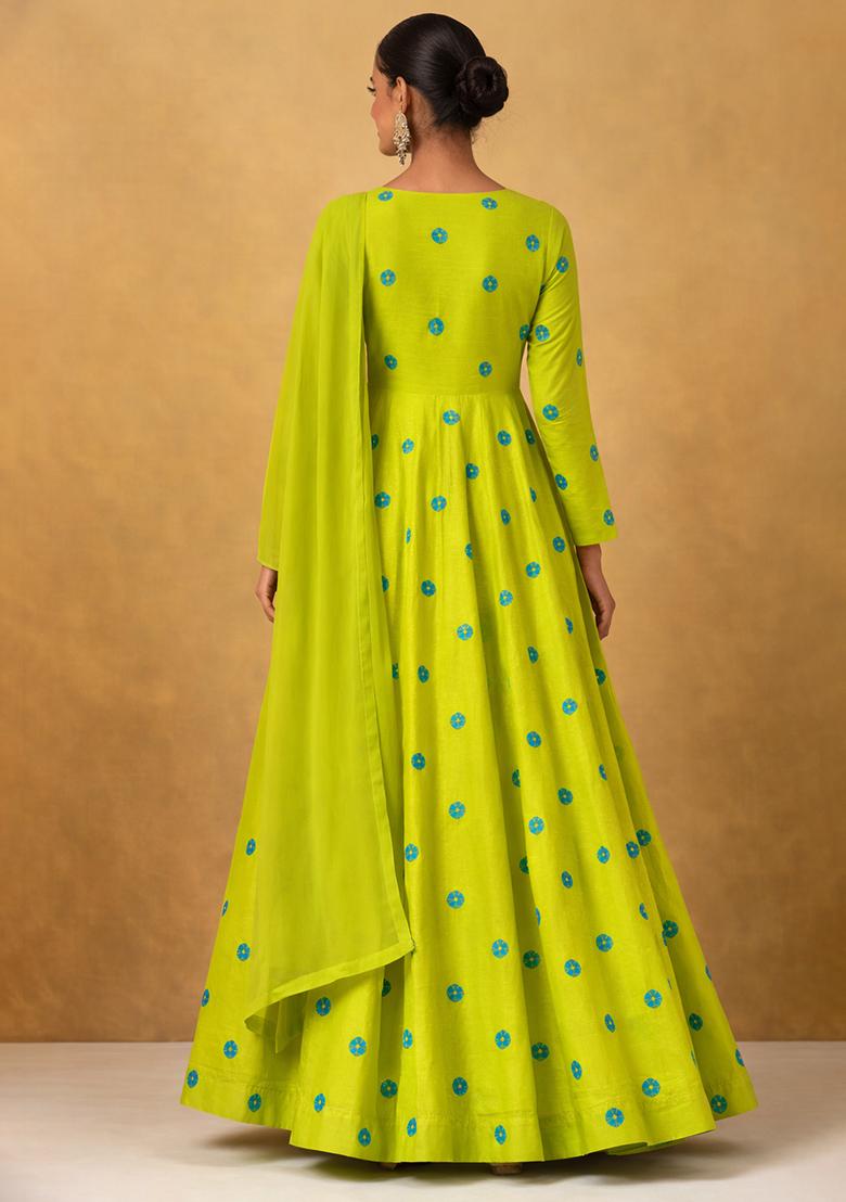 Bright Green Printed Satin Anarkali With Dupatta - Indya