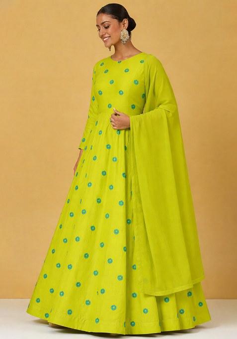 Bright Green Printed Satin Anarkali With Dupatta