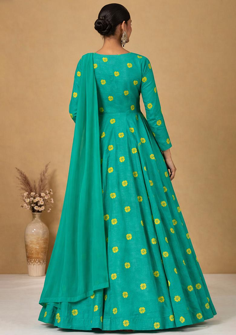 Teal Green Printed Satin Anarkali With Dupatta - Indya
