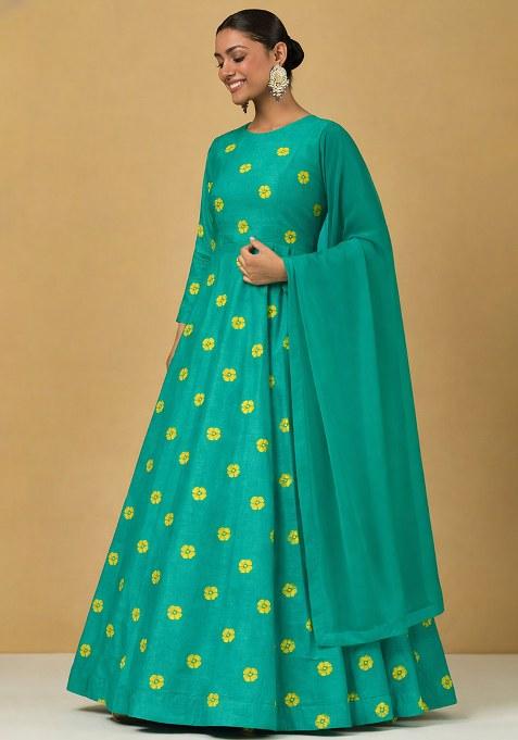 Teal Green Printed Satin Anarkali With Dupatta