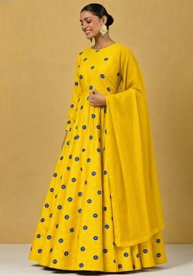 Yellow Printed Satin Anarkali With Dupatta