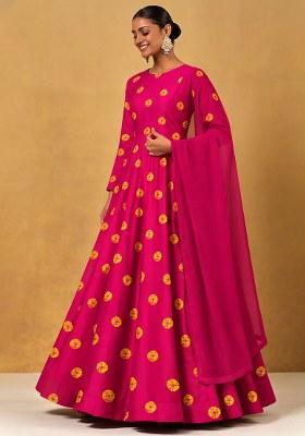 Rani Pink Printed Satin Anarkali With Dupatta