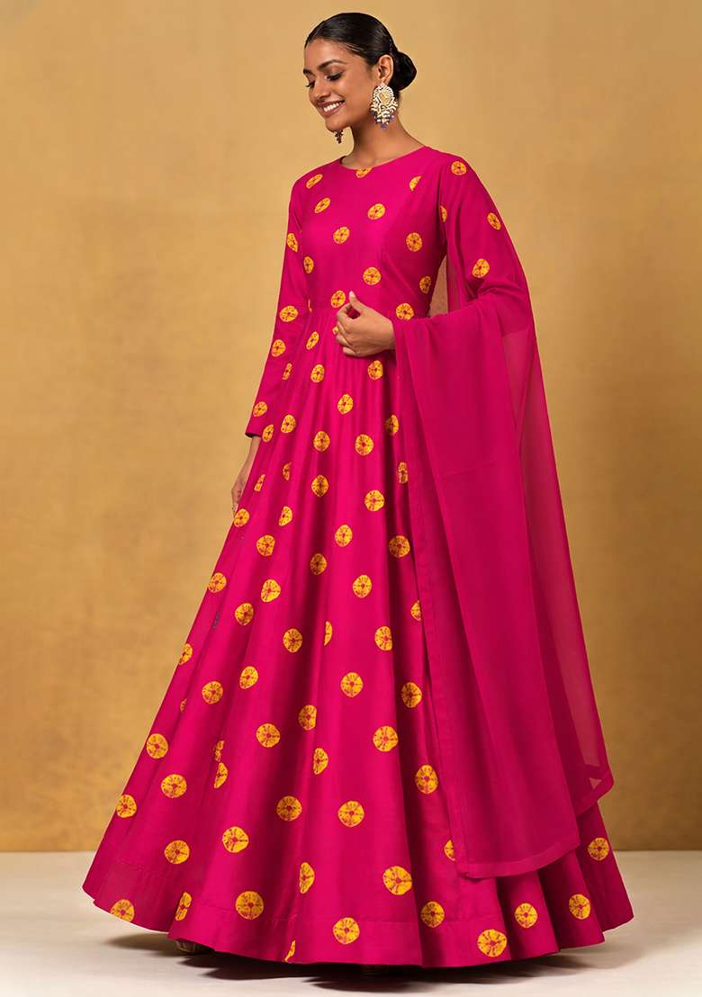 Rani Pink Printed Satin Anarkali With Dupatta - Indya