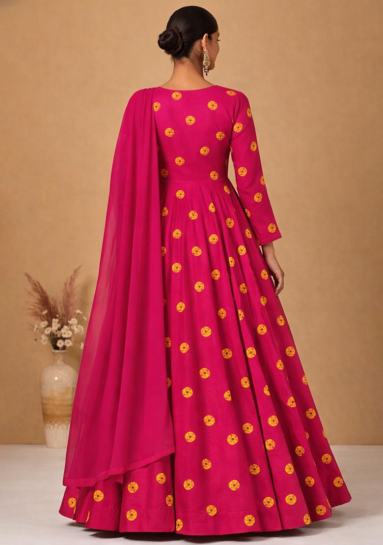 Rani Pink Printed Satin Anarkali With Dupatta - Indya