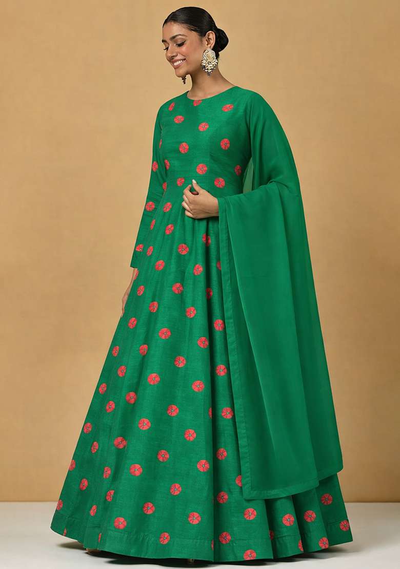 Dark Green Printed Satin Anarkali With Dupatta - Indya