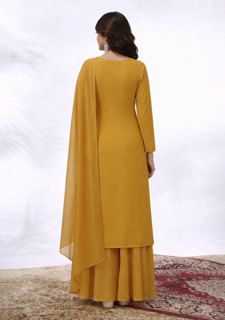 Mustard Embroidered Crepe Sharara Set - Indya