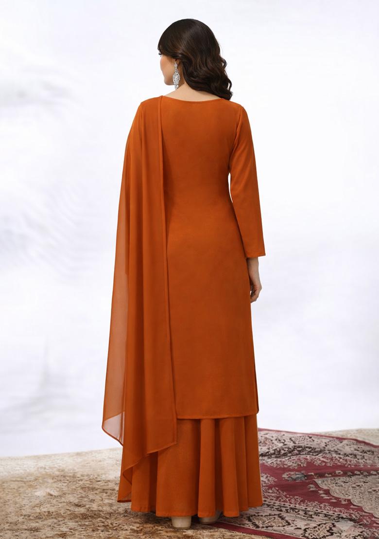 Rust Embroidered Crepe Sharara Set - Indya