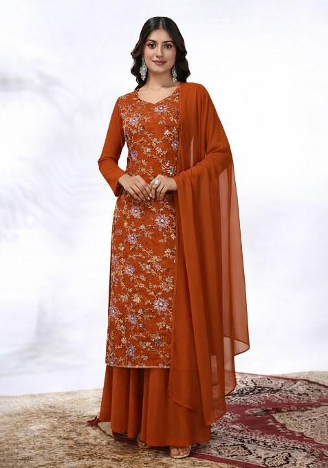 Rust Embroidered Crepe Sharara Set