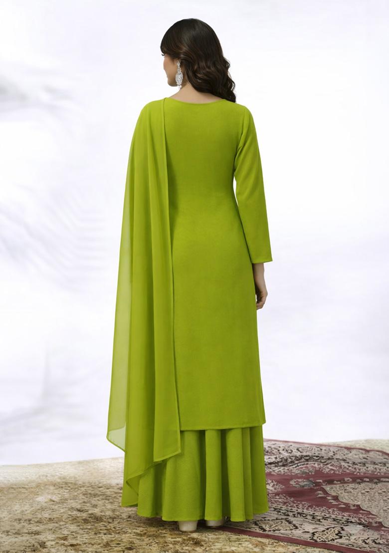 Leaf Green Embroidered Crepe Sharara Set - Indya