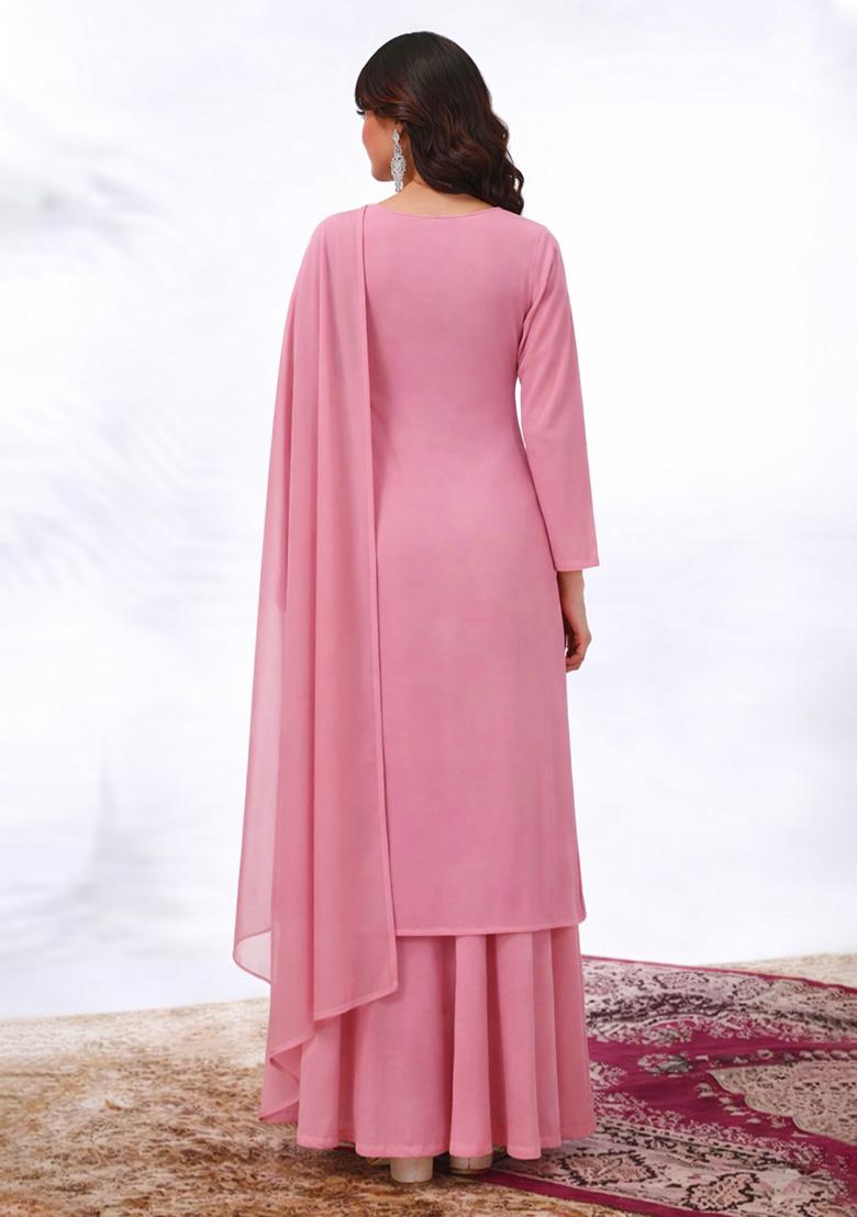 Soft Pink Embroidered Crepe Sharara Set - Indya