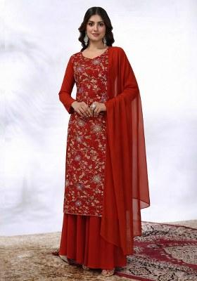 Deep Red Embroidered Crepe Sharara Set