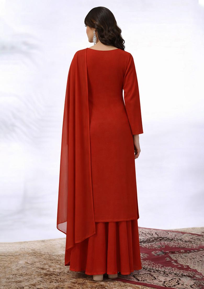 Deep Red Embroidered Crepe Sharara Set - Indya