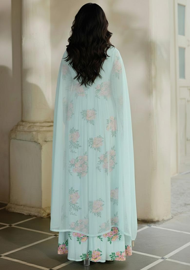 Ice Blue Floral Print Georgette Anarkali With Dupatta - Indya