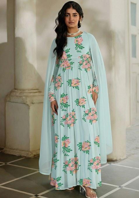 Ice Blue Floral Print Georgette Anarkali With Dupatta