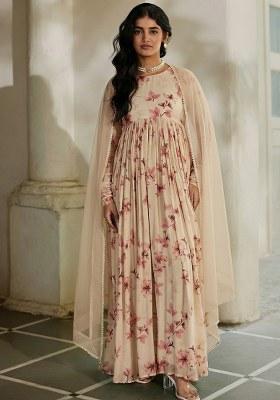 Beige Floral Print Georgette Anarkali With Dupatta