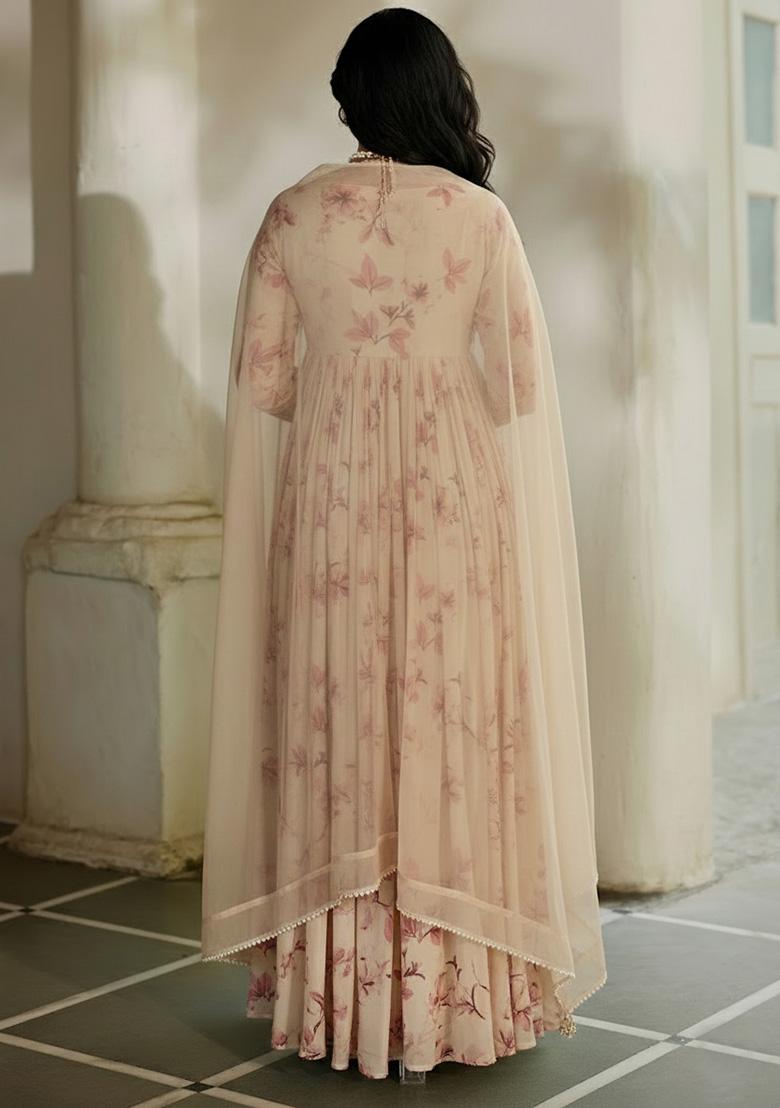 Beige Floral Print Georgette Anarkali With Dupatta - Indya