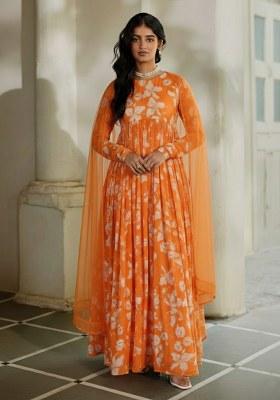 Orange Floral Print Georgette Anarkali With Dupatta