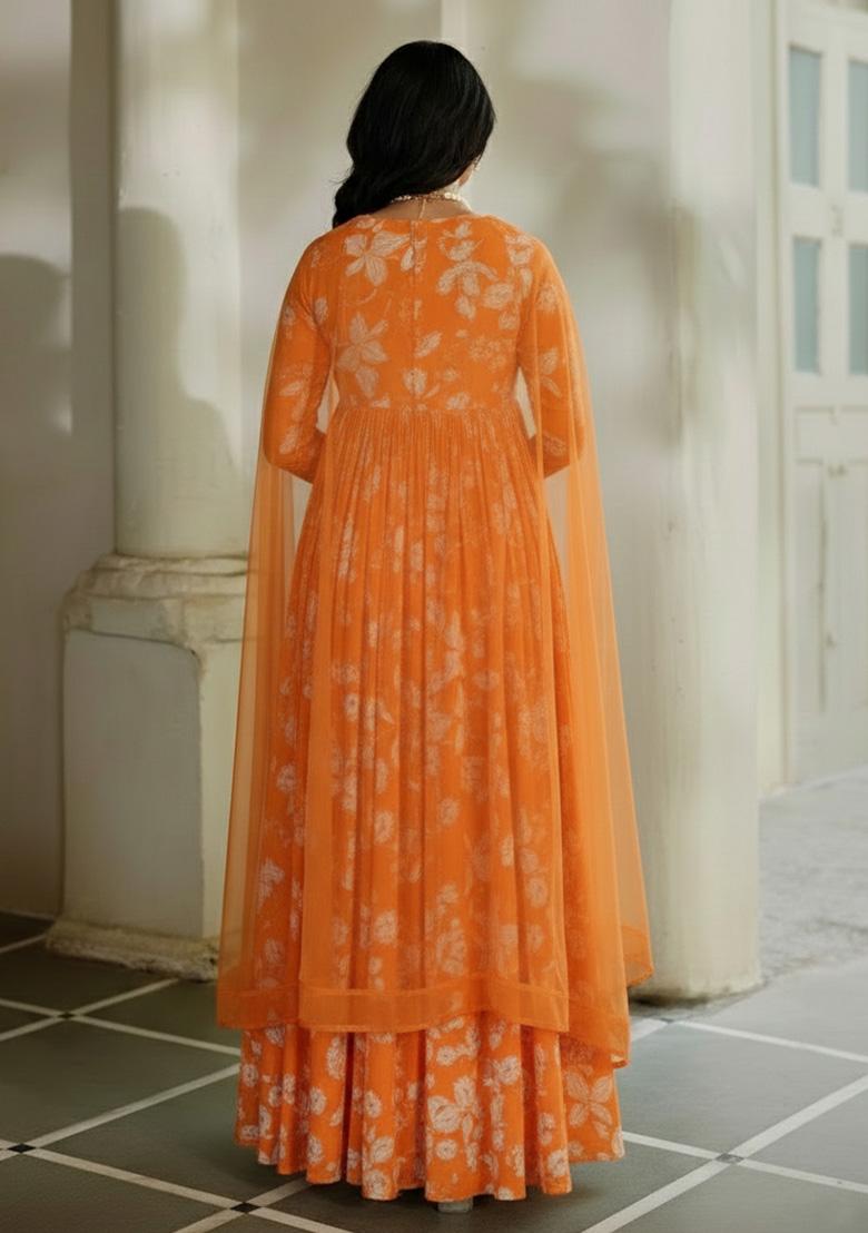 Orange Floral Print Georgette Anarkali With Dupatta - Indya