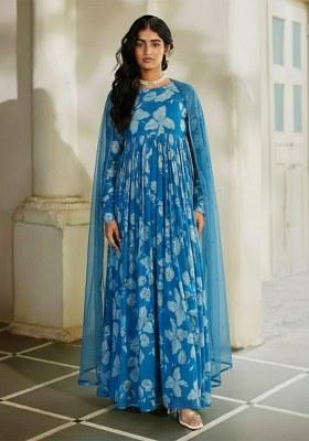 Blue Floral Print Georgette Anarkali With Dupatta