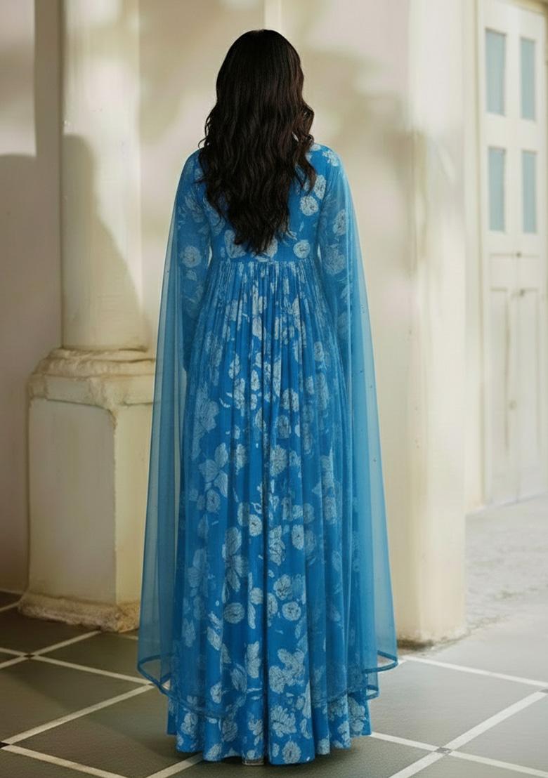 Blue Floral Print Georgette Anarkali With Dupatta - Indya
