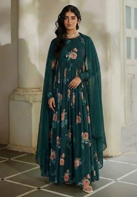 Teal Green Floral Print Georgette Anarkali With Dupatta