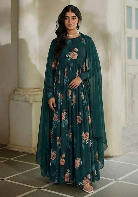 Teal Green Floral Print Georgette Anarkali With Dupatta