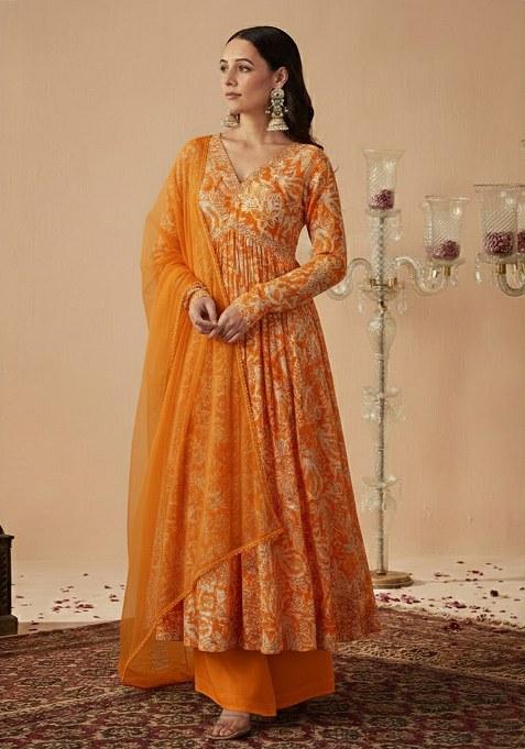 Orange Floral Print Chinon Anarkali Set