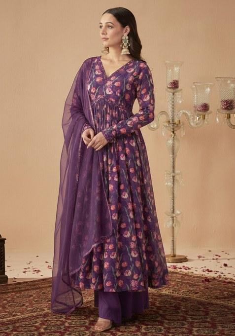 Purple Floral Print Chinon Anarkali Set