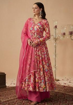 Pink Floral Print Chinon Anarkali Set