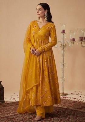 Mustard Floral Print Chinon Anarkali Set