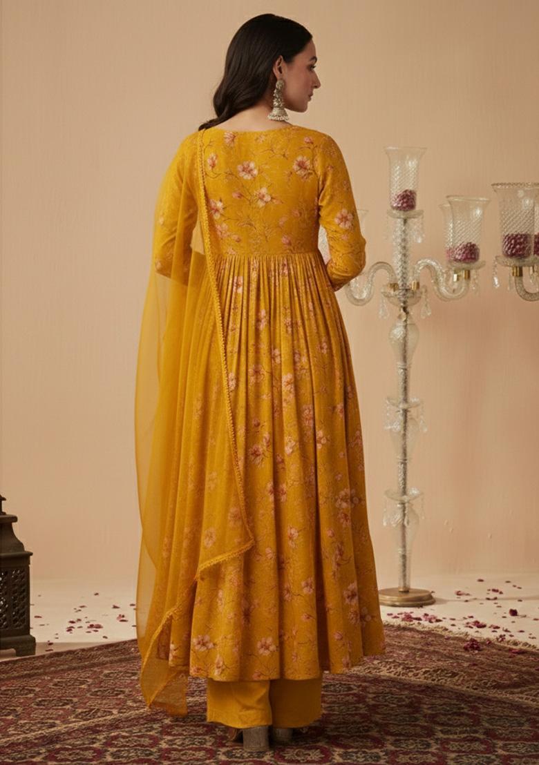 Mustard Floral Print Chinon Anarkali Set - Indya