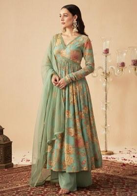 Sage Green Floral Print Chinon Anarkali Set